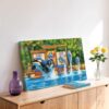 Painterly 1980s SeaWorld scene in Orlando, Florida, with orcas and dolphins leaping from a show pool in front of colourful signs and trees.