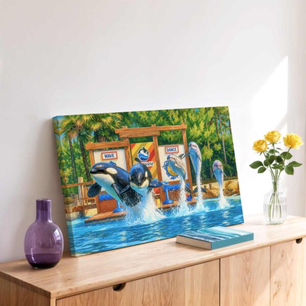 Painterly 1980s SeaWorld scene in Orlando, Florida, with orcas and dolphins leaping from a show pool in front of colourful signs and trees.