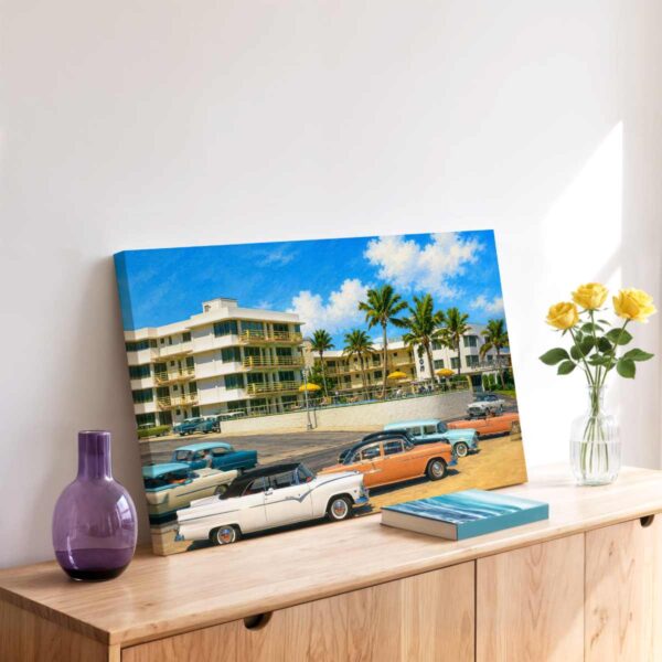 20260518232239-1f153107-6501-6fc8-983f-ba78de26e8fd.jpg Painterly 1950s view of Fort Lauderdale, Florida, outside the Horizon Apartment Hotel with palm trees, balconies, poolside umbrellas and classic cars.