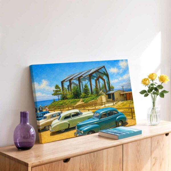 Painterly 1950s view of Wayfarers Chapel in Rancho Palos Verdes, California, with glass chapel architecture, ocean views, hillside greenery and classic cars.