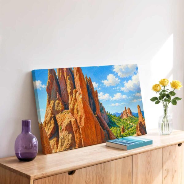 20260519003400-1f1531a6-e064-6fae-ac52-ba78de26e8fd.jpg Painterly 1963 view of Garden of the Gods in Colorado Springs, with red sandstone rock formations, green trees, distant mountains and a blue sky.