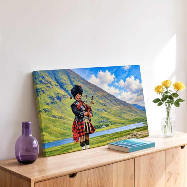 20260519140942-1f1538c6-16c0-6dd4-b8b8-4e591dd370a2.jpg Painterly 1970s view of a bagpiper in Glencoe, Scotland, standing beside a loch with green Highland mountains and cloudy blue sky behind him.