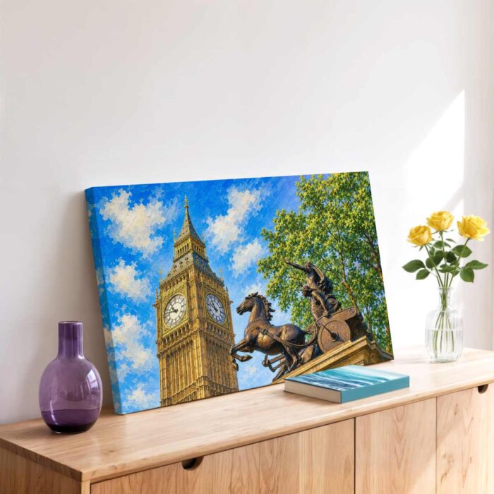 Painterly 1970s view of Big Ben in London with the Boadicea and Her Daughters statue, rearing horses, trees and a blue sky.