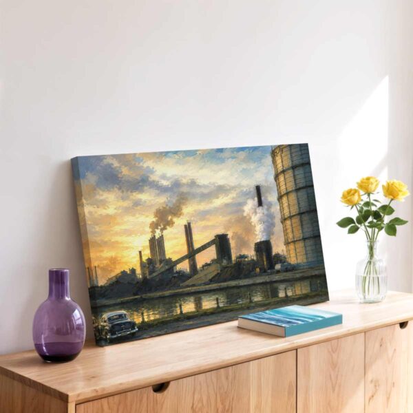 Painterly 1950s view of the Ford Rouge Factory near Detroit, with smokestacks, steam, industrial buildings, water reflections and a period car at sunset.