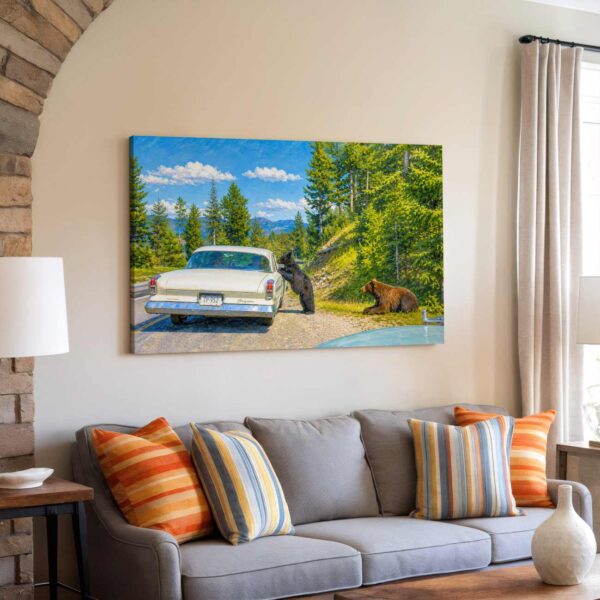 20260522111819-1f155cfe-f86d-6514-ae9e-bad6bd720053.jpg Bears and Classic Car in Yellowstone National Park 1960s – Canvas Print