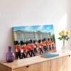 20260523224639-1f156f94-3250-690a-a542-6ec510d35c2c-1.jpg Painterly 1960s view of Foot Guards marching outside Buckingham Palace in London, with red uniforms, bearskin caps, brass instruments and crowds.