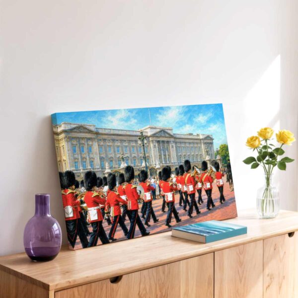 20260523224639-1f156f94-3250-690a-a542-6ec510d35c2c-1.jpg Painterly 1960s view of Foot Guards marching outside Buckingham Palace in London, with red uniforms, bearskin caps, brass instruments and crowds.