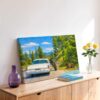 Bears and Classic Car in Yellowstone National Park 1960s – Canvas Print Painterly 1960s view of bears beside a road in Yellowstone National Park, with a white Chrysler 300, forest, mountains and blue sky.