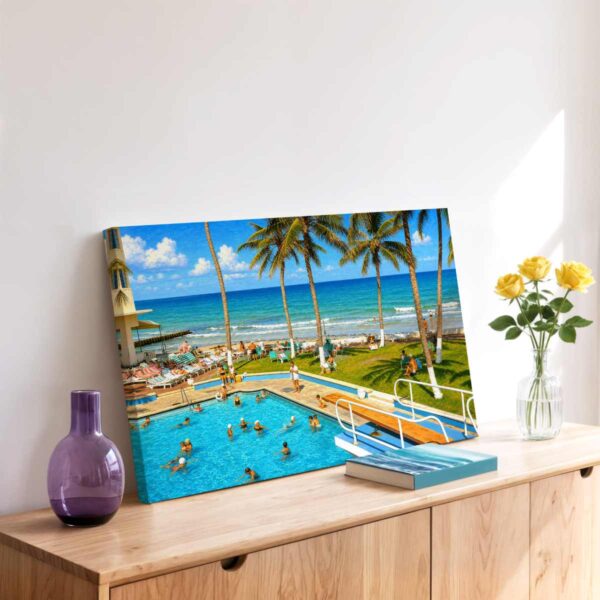 Caribbean Hotel, Miami Beach, Florida 1960s - Canvas Print Painterly 1960s view of the Caribbean Hotel in Miami Beach, Florida, with an oceanfront swimming pool, diving boards, palm trees, sunbathers and the Atlantic Ocean.