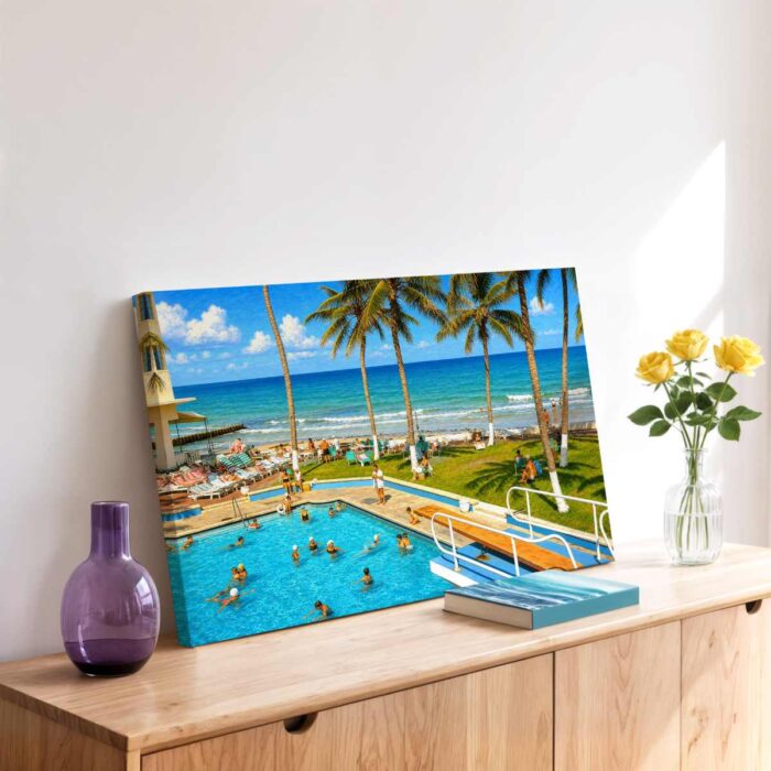 Caribbean Hotel, Miami Beach, Florida 1960s - Canvas Print Painterly 1960s view of the Caribbean Hotel in Miami Beach, Florida, with an oceanfront swimming pool, diving boards, palm trees, sunbathers and the Atlantic Ocean.