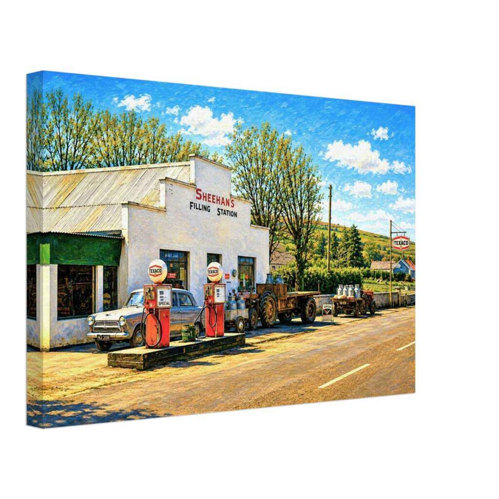 Sheehan's Filling Station with Texaco petrol pumps in rural Ireland 1970s - Canvas Print