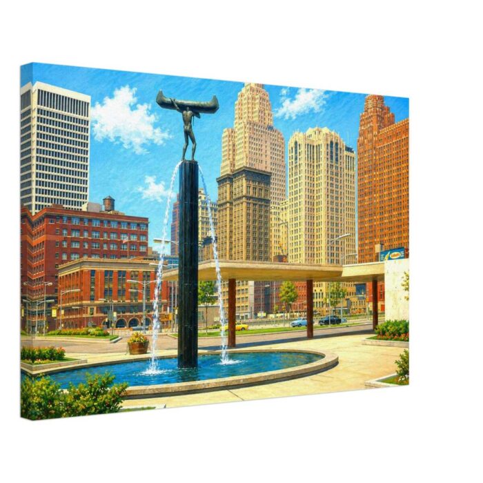 Cobo Hall and Spirit of Transportation, Detroit 1960s – Canvas Print 5444094d-7899-46b1-bc20-c15357b6e654