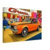 AMC Gremlin at the New York Auto Show 1970 – Canvas Print Painterly 1970s view of an orange AMC Gremlin displayed at the New York Auto Show, with colorful exhibition signs and show-floor décor.
