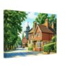 Abinger Hammer, Surrey, England 1950s - Canvas Print Painterly 1950s view of Abinger Hammer in Surrey, England, with brick cottages, village clock, tea-room signs, leafy trees, period cars and a quiet country road.