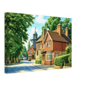 Painterly 1950s view of Abinger Hammer in Surrey, England, with brick cottages, village clock, tea-room signs, leafy trees, period cars and a quiet country road.