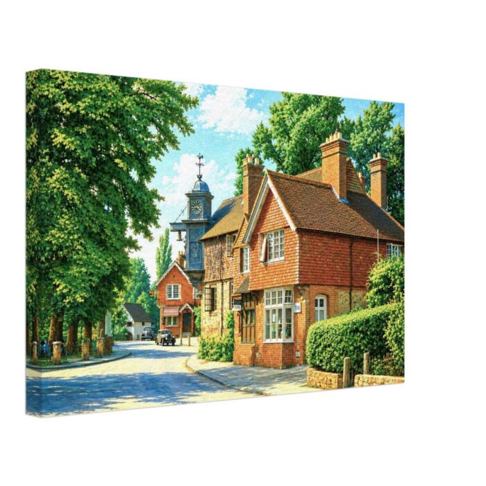 Painterly 1950s view of Abinger Hammer in Surrey, England, with brick cottages, village clock, tea-room signs, leafy trees, period cars and a quiet country road.
