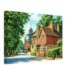 Painterly 1950s view of Abinger Hammer in Surrey, England, with brick cottages, village clock, tea-room signs, leafy trees, period cars and a quiet country road.
