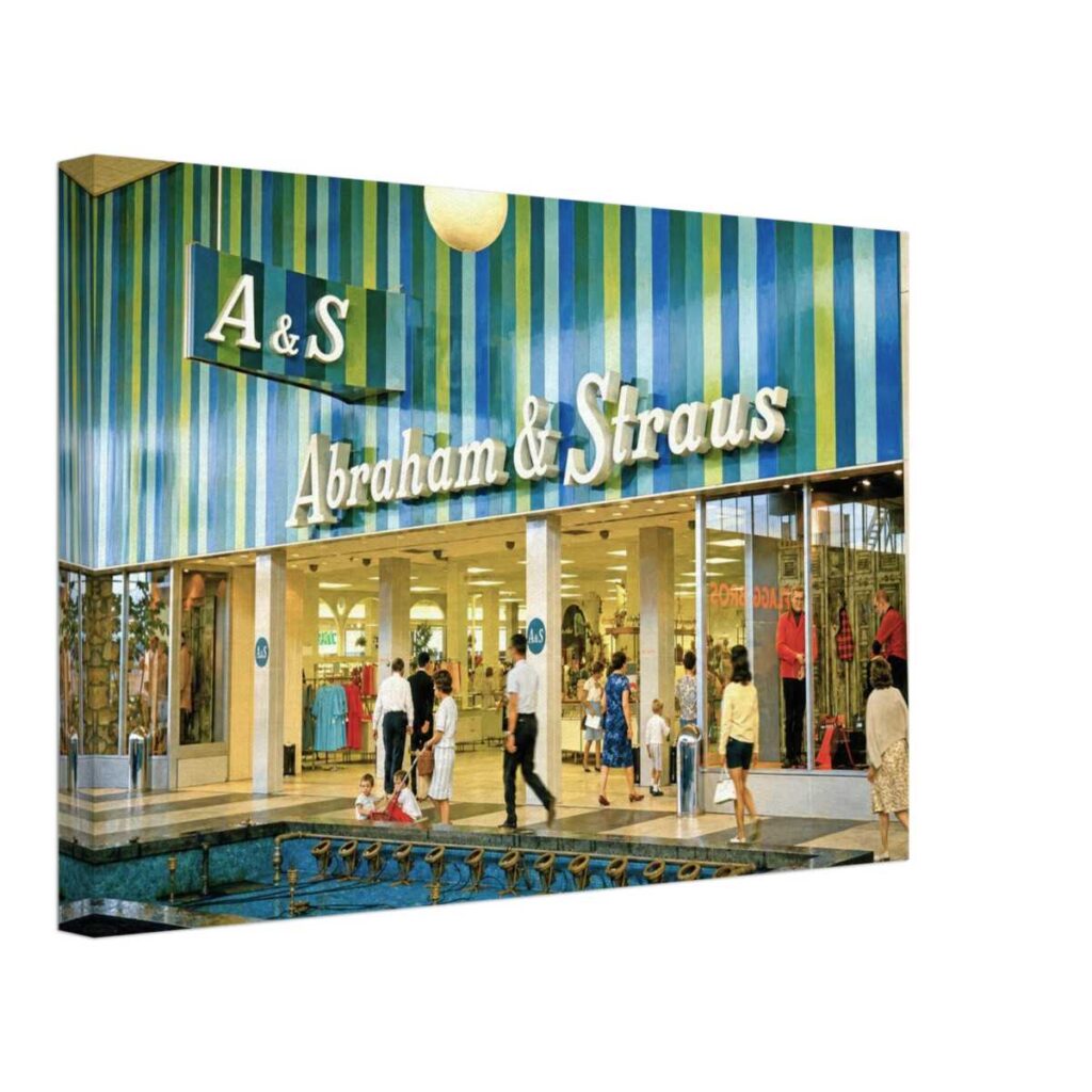 1960s view of Abraham & Straus department store at Walt Whitman Mall in South Huntington, New York, reimagined in a painterly style from a genuine vintage color photograph.