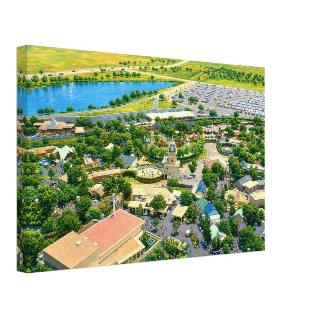 Painterly 1960s aerial view of Six Flags Over Texas in Arlington, showing the entrance area, clock tower, lake, parking lot, trees, buildings and crowds.