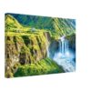 Painterly 1970s view of Agoyán Waterfall near Baños de Agua Santa, Ecuador, with rushing water, green canyon cliffs, hillside buildings and mountain scenery.