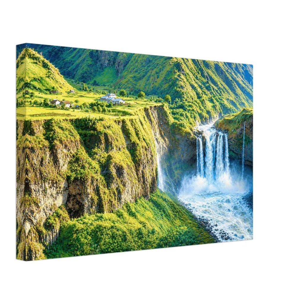 Painterly 1970s view of Agoyán Waterfall near Baños de Agua Santa, Ecuador, with rushing water, green canyon cliffs, hillside buildings and mountain scenery.