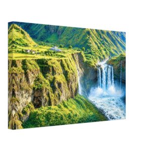 Agoyán Waterfall, Baños de Agua Santa, Ecuador 1970s - Canvas Print Painterly 1970s view of Agoyán Waterfall near Baños de Agua Santa, Ecuador, with rushing water, green canyon cliffs, hillside buildings and mountain scenery.