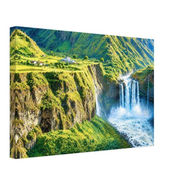 Painterly 1970s view of Agoyán Waterfall near Baños de Agua Santa, Ecuador, with rushing water, green canyon cliffs, hillside buildings and mountain scenery.