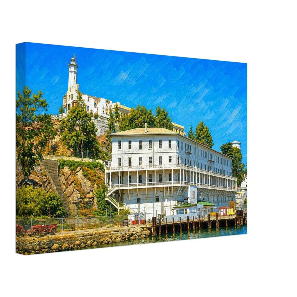Alcatraz Island prison building and lighthouse overlooking San Francisco Bay, 1970s - Canvas Print
