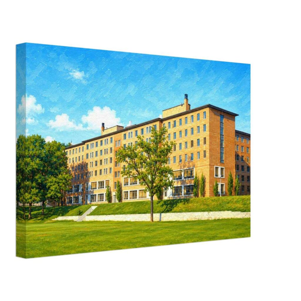 Painterly 1950s view of Alice Lloyd Hall at the University of Michigan in Ann Arbor, showing the red-brick residence hall, lawn, trees and blue sky.