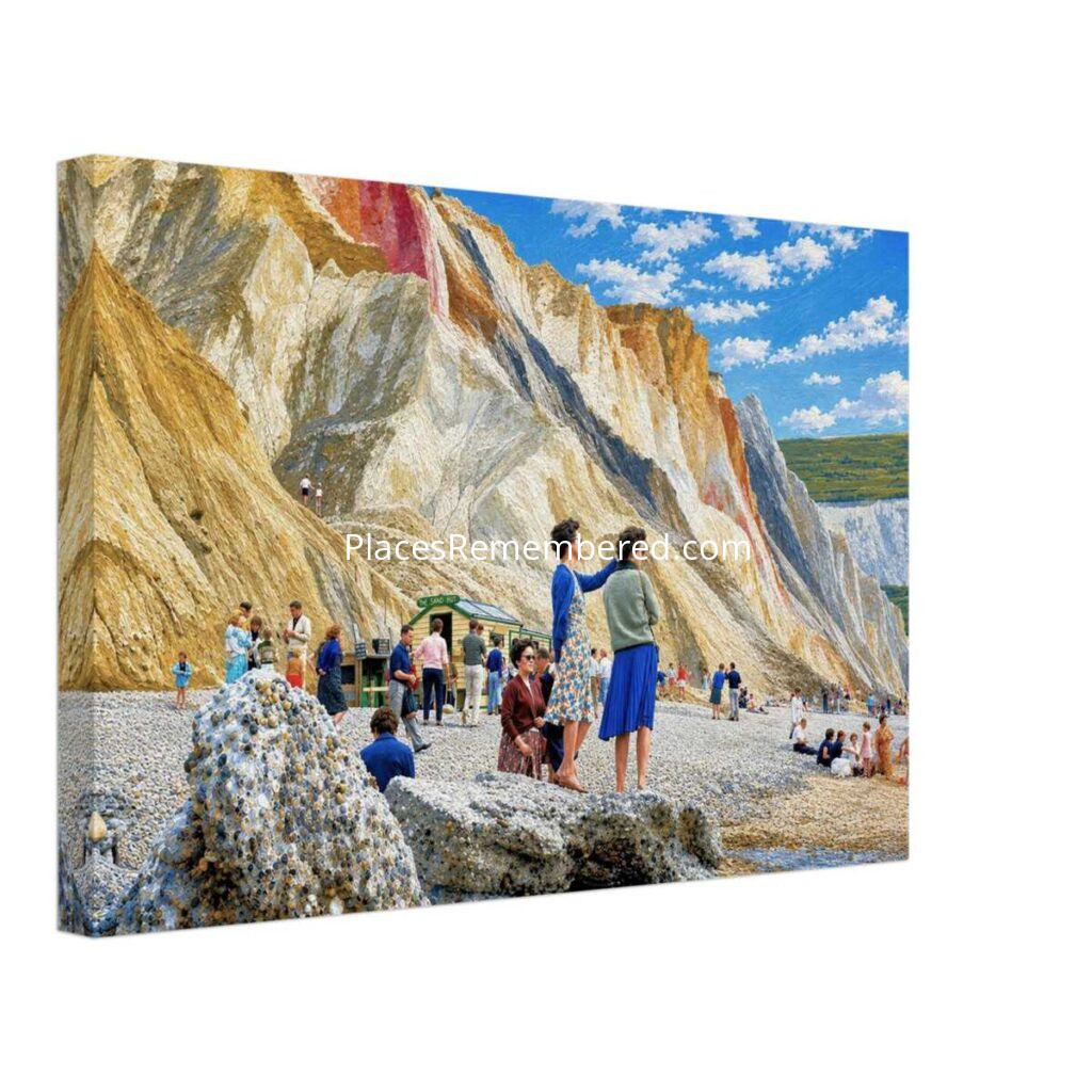 1960s visitors enjoying the colorful sand cliffs of Alum Bay on the Isle of Wight, England, reimagined in a painterly style from a genuine vintage color photograph.