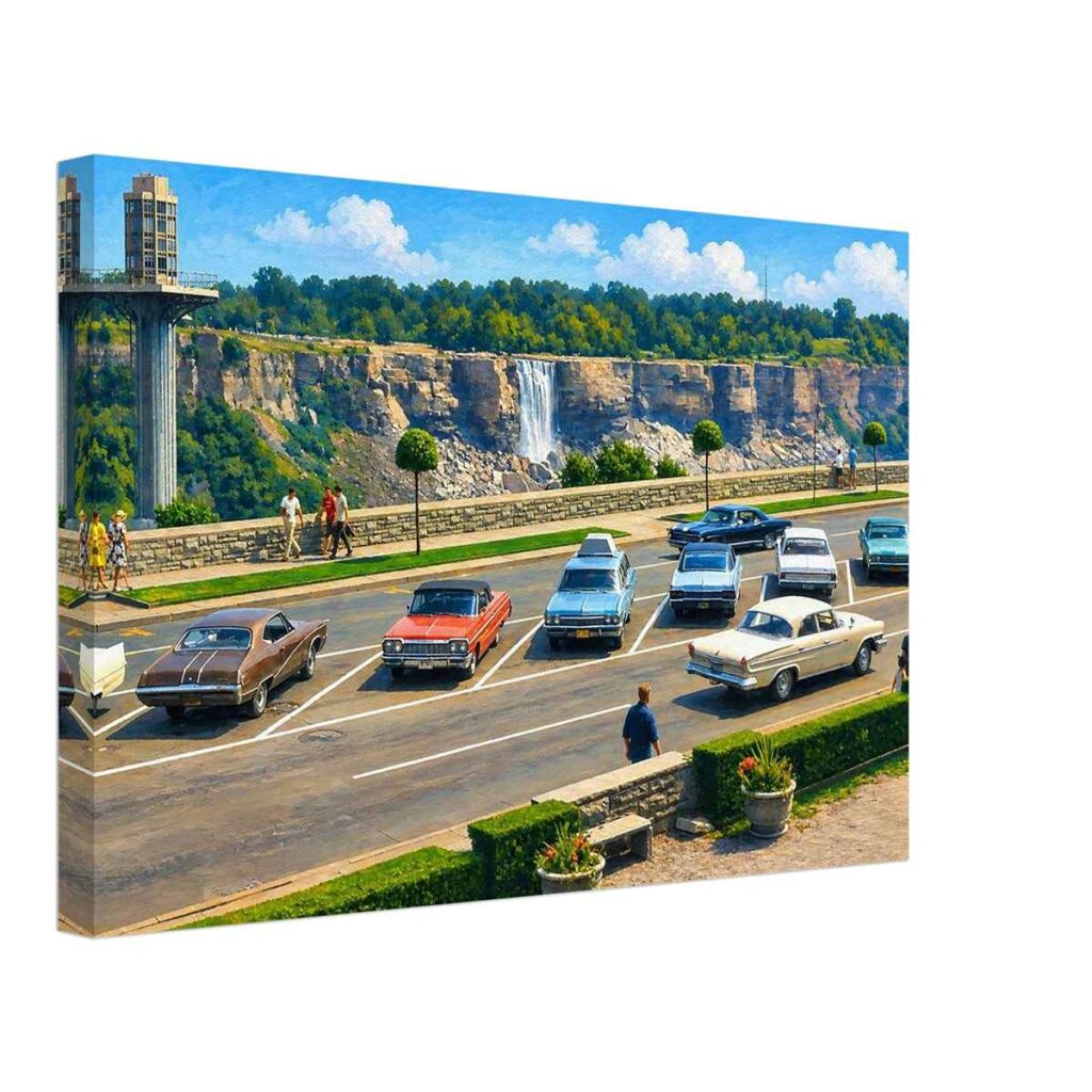American Falls temporarily dewatered at Niagara Falls with observation tower and exposed rock face, 1969 - Canvas Print