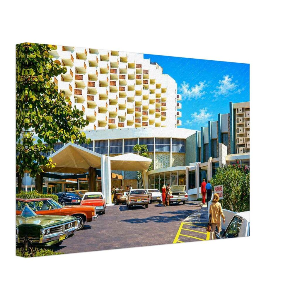 Americana Hotel entrance in Bal Harbour, Florida with 1970s cars, guests and modern resort architecture, 1974 - Canvas Print