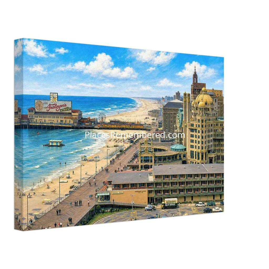 1960s painterly panoramic view of Atlantic City Boardwalk, New Jersey, featuring Fralinger's Salt Water Taffy pier and the historic beachfront - canvas print.