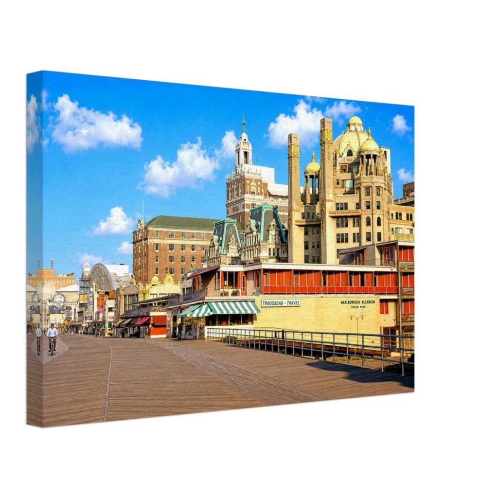 Painterly 1960s view of Atlantic City Boardwalk with pedestrians, oceanfront buildings and the Marlborough-Blenheim Hotel on the right.