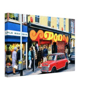 Painterly 1960s view of Carnaby Street in London, with colorful boutique fronts, shoppers, and a red Austin Mini