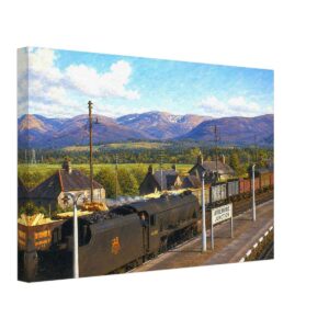 1950s painterly view of Aviemore Junction, Scotland with Black Five steam locomotive 44998, freight wagons and Cairngorm mountain scenery - canvas print.