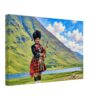 Bagpiper in Glencoe, Scotland 1970s - Canvas Print Painterly 1970s view of a bagpiper in Glencoe, Scotland, standing beside a loch with green Highland mountains and cloudy blue sky behind him.