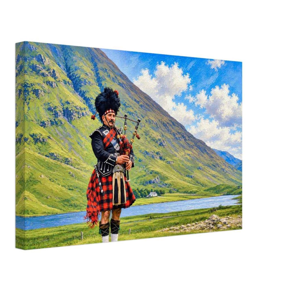 Painterly 1970s view of a bagpiper in Glencoe, Scotland, standing beside a loch with green Highland mountains and cloudy blue sky behind him.