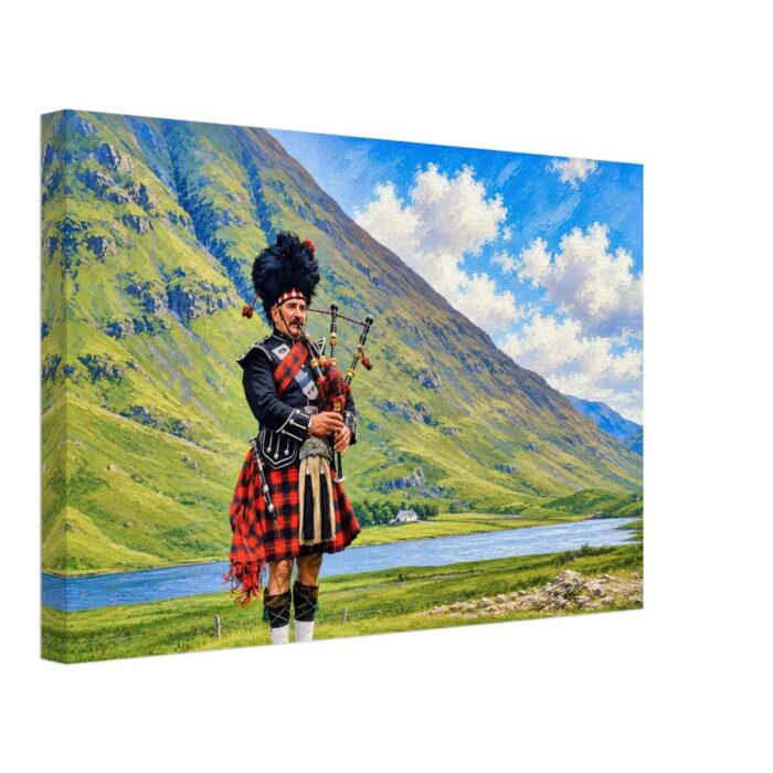 Painterly 1970s view of a bagpiper in Glencoe, Scotland, standing beside a loch with green Highland mountains and cloudy blue sky behind him.