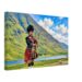 Painterly 1970s view of a bagpiper in Glencoe, Scotland, standing beside a loch with green Highland mountains and cloudy blue sky behind him.
