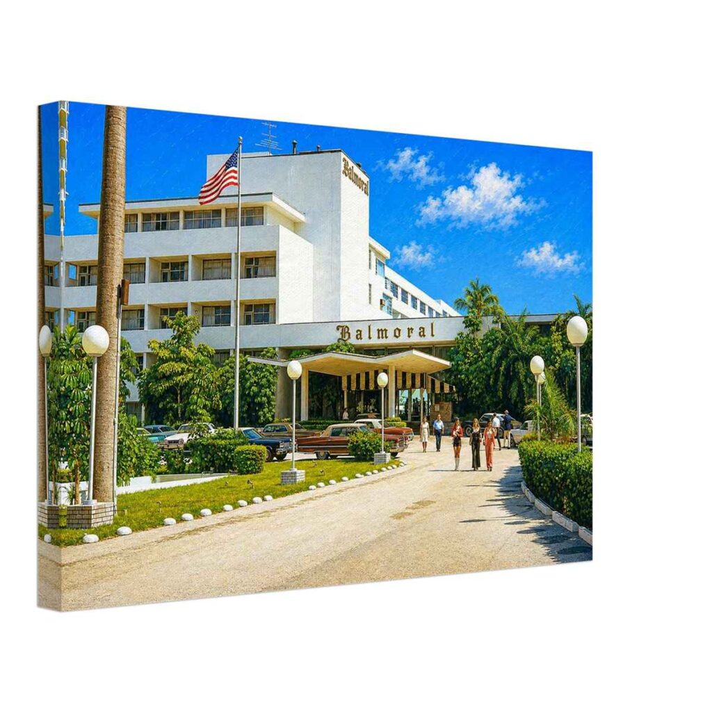 Balmoral Hotel entrance in Bal Harbour, Florida with vintage cars, palm trees and visitors arriving at the beachfront resort, 1974 - Canvas Print