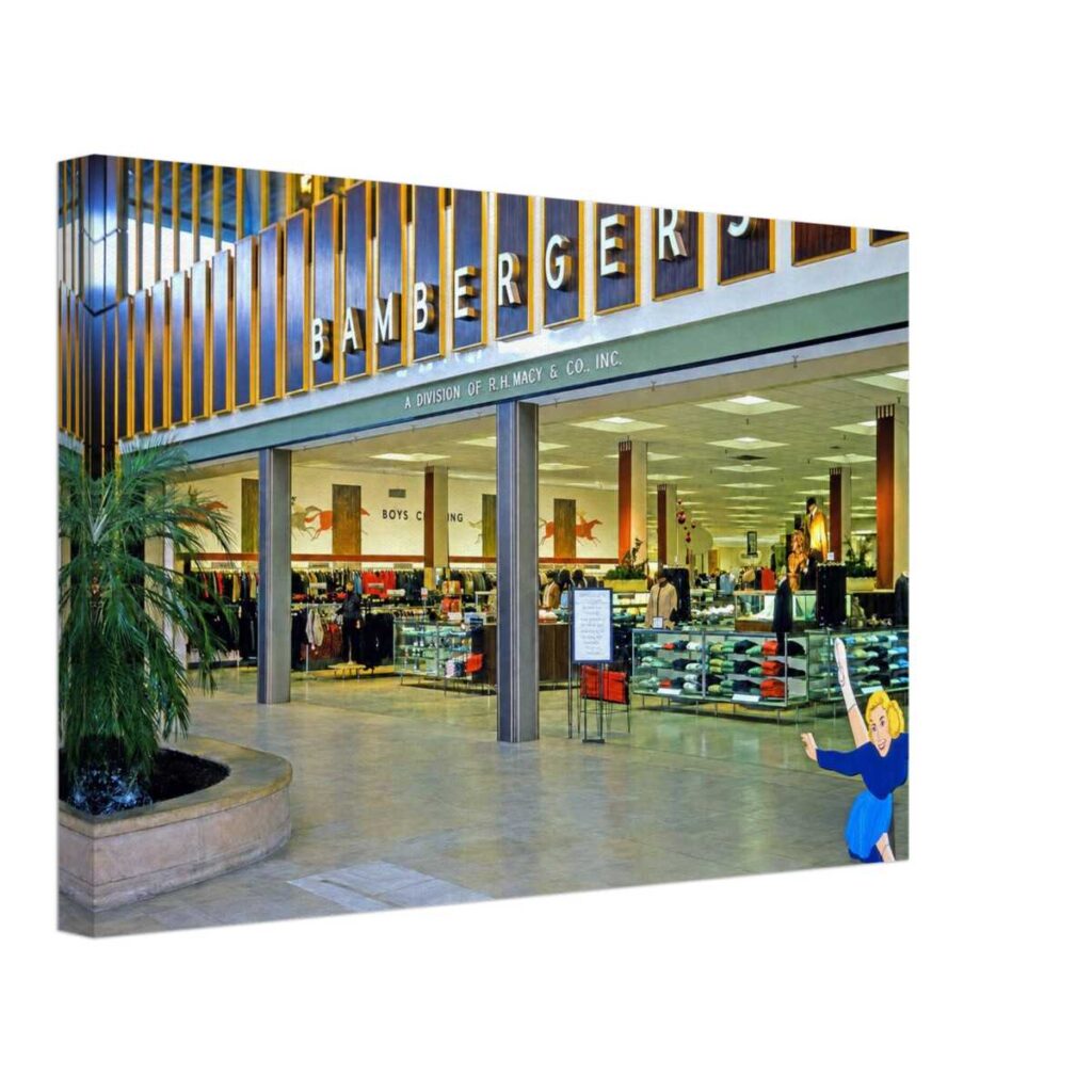1960s interior view of Bamberger's department store at Cherry Hill Mall, Cherry Hill, New Jersey, reimagined in a painterly style from a genuine vintage color photograph.