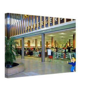 1960s interior view of Bamberger's department store at Cherry Hill Mall, Cherry Hill, New Jersey, reimagined in a painterly style from a genuine vintage color photograph.