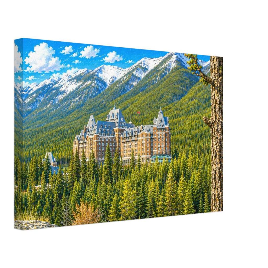 Painterly 1980s view of the Banff Springs Hotel in Banff, Alberta, Canada, surrounded by evergreen forest with snow-capped Rocky Mountains behind it.