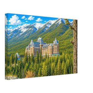 Painterly 1980s view of the Banff Springs Hotel in Banff, Alberta, Canada, surrounded by evergreen forest with snow-capped Rocky Mountains behind it.
