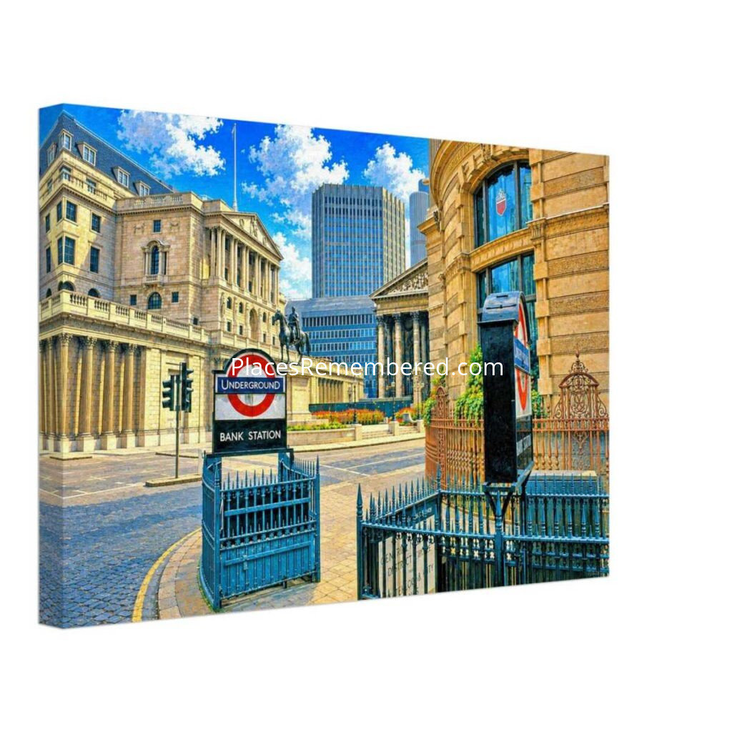 1980s view of Bank Station in the City of London, England, showing the Bank of England, Royal Exchange, Duke of Wellington statue and iconic London Underground entrance, reimagined in a painterly style from a genuine vintage color photograph.