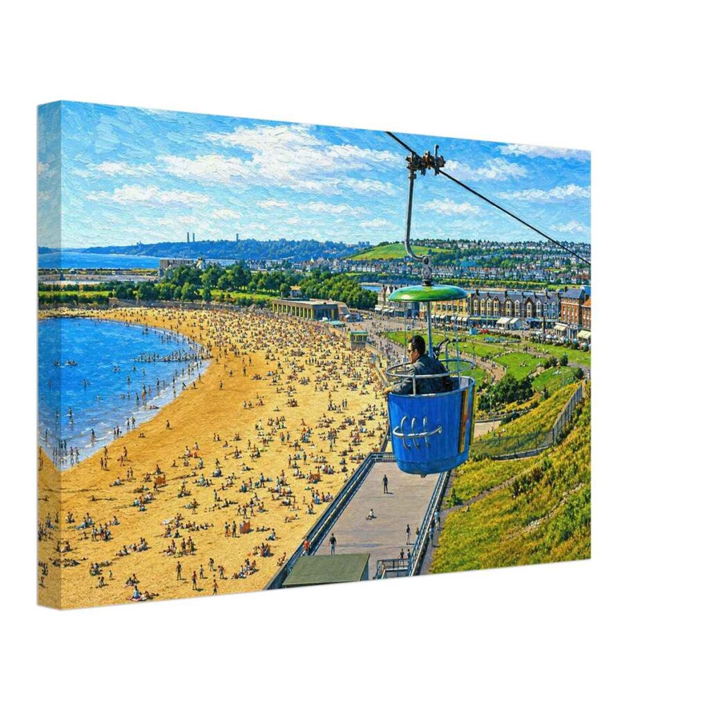 Painterly 1960s view from the Butlin’s chairlift overlooking Barry Island beach in South Wales, with a blue cable-car cabin, crowds, seafront buildings and hillside homes.
