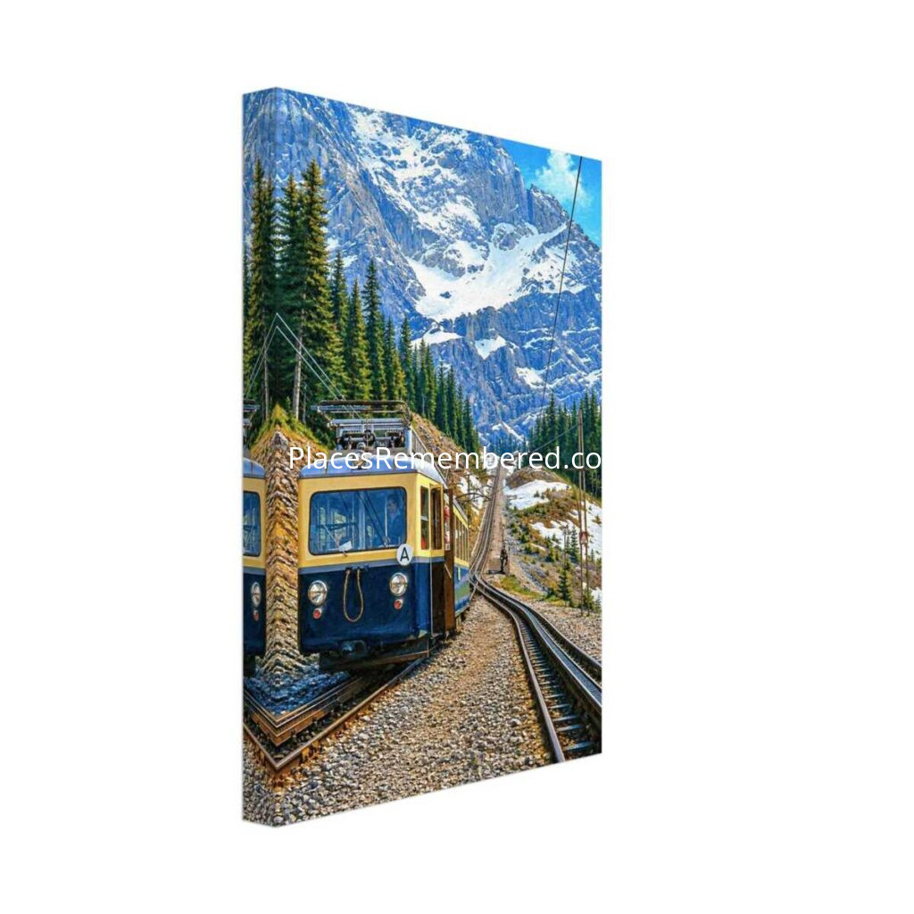 1950s painterly view of the Bavarian Zugspitze Railway climbing through the snow-covered Bavarian Alps in Germany.