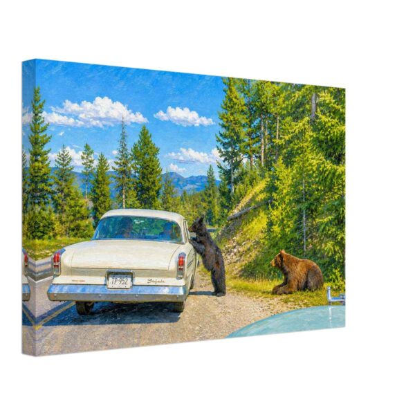 Bears and Chrysler 300 in Yellowstone National Park 1960s – Canvas Print Painterly 1960s view of bears beside a road in Yellowstone National Park, with a white Chrysler 300, forest, mountains and blue sky.