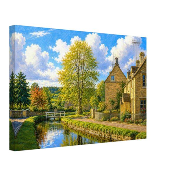 Becky Hill, Lower Slaughter, Gloucestershire 1960s - Canvas Print Becky Hill in Lower Slaughter, Gloucestershire in the 1960s, with the River Eye, Cotswold stone cottages, trees and a small white footbridge.